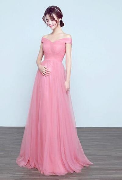 A Line Off Shoulder Pink Prom Dress