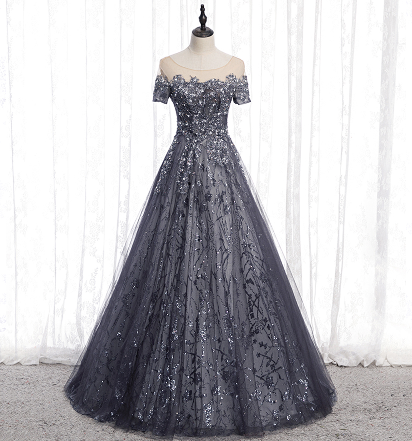Gray tulle sequins long prom dress A line evening gown