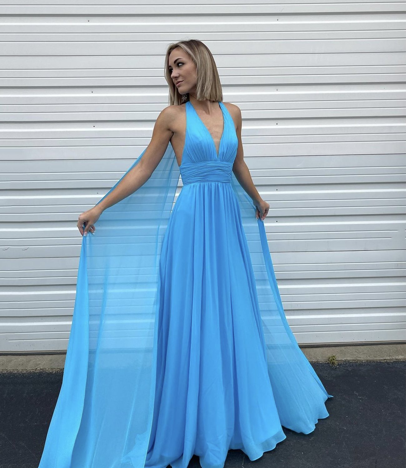 Blue chiffon long A line prom dress blue evening dress