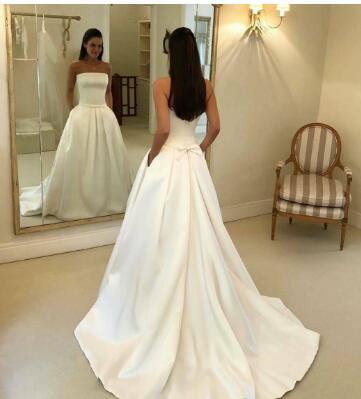 Strapless A Line Wedding Dress Belt Sash Bow Knot Sleeveless Full Length Satin Wedding Dress Bridal Gowns