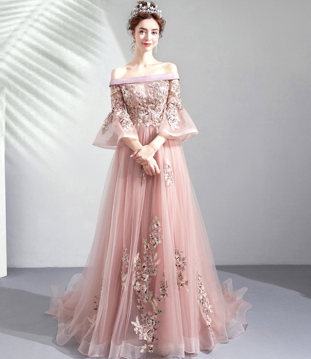 Pink lace long A line prom dress pink evening gown