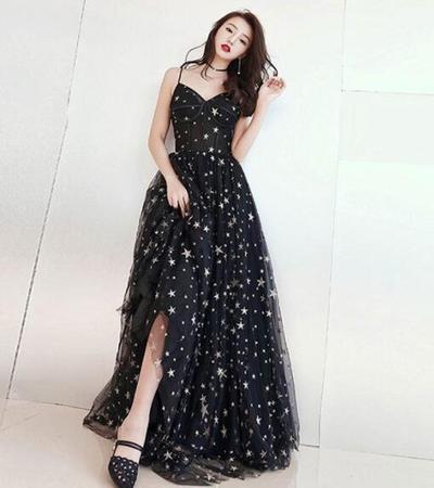 SImple Sweetheart tulle black ong prom dress, evening dress