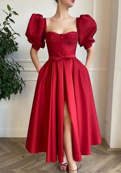 Half Sleeves Dark Red Ankle Length Prom Dresses with Slit