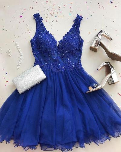 Royal Blue Short Lace Homecoming Dress with Beading