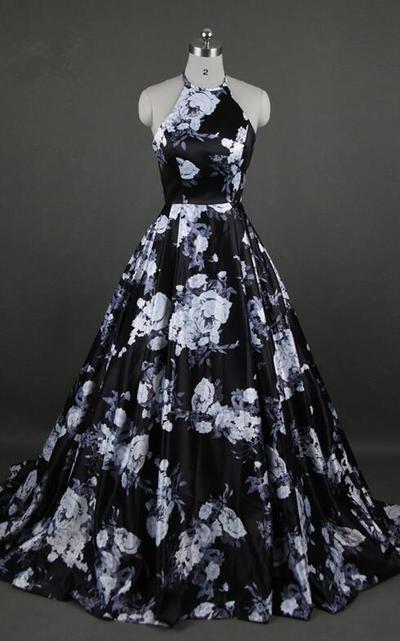 Sleeveless Floral Print A Line Long Prom Dress