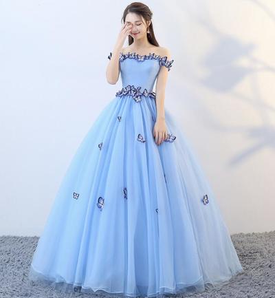 Ball Gown Blue tulle long prom dress formal dress