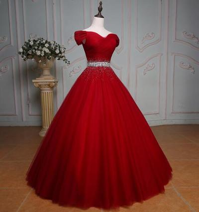 Charming Burgundy tulle long prom dress with beading