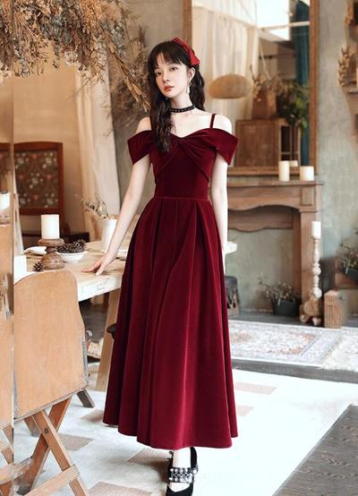 Beauty A line burgundy velvet prom dress evening dress