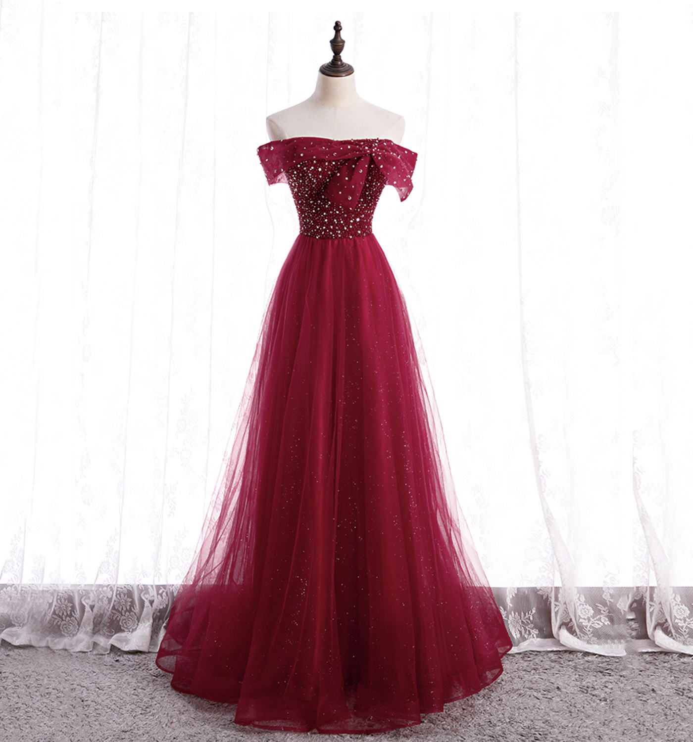 Burgundy tulle beads long prom dress A line evening gown