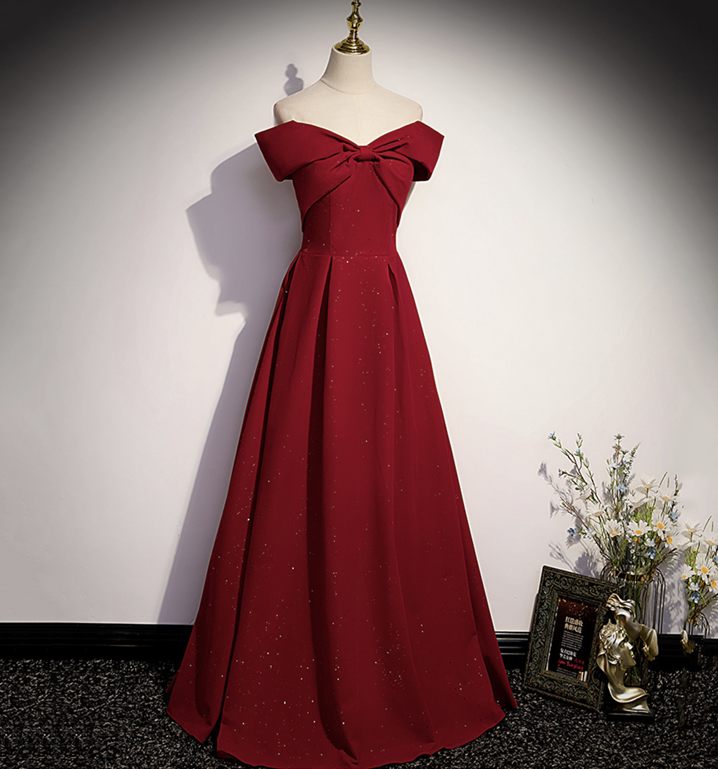Burgundy satin long prom dress A line evening gown