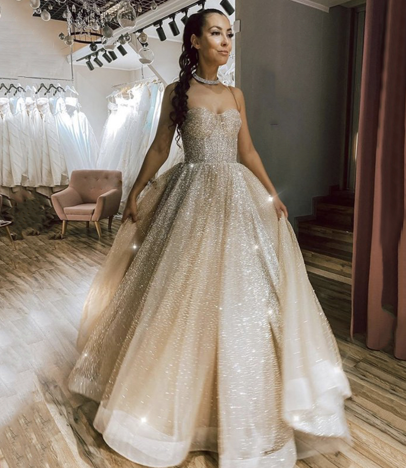 Champagne sequins long prom dress evening gown