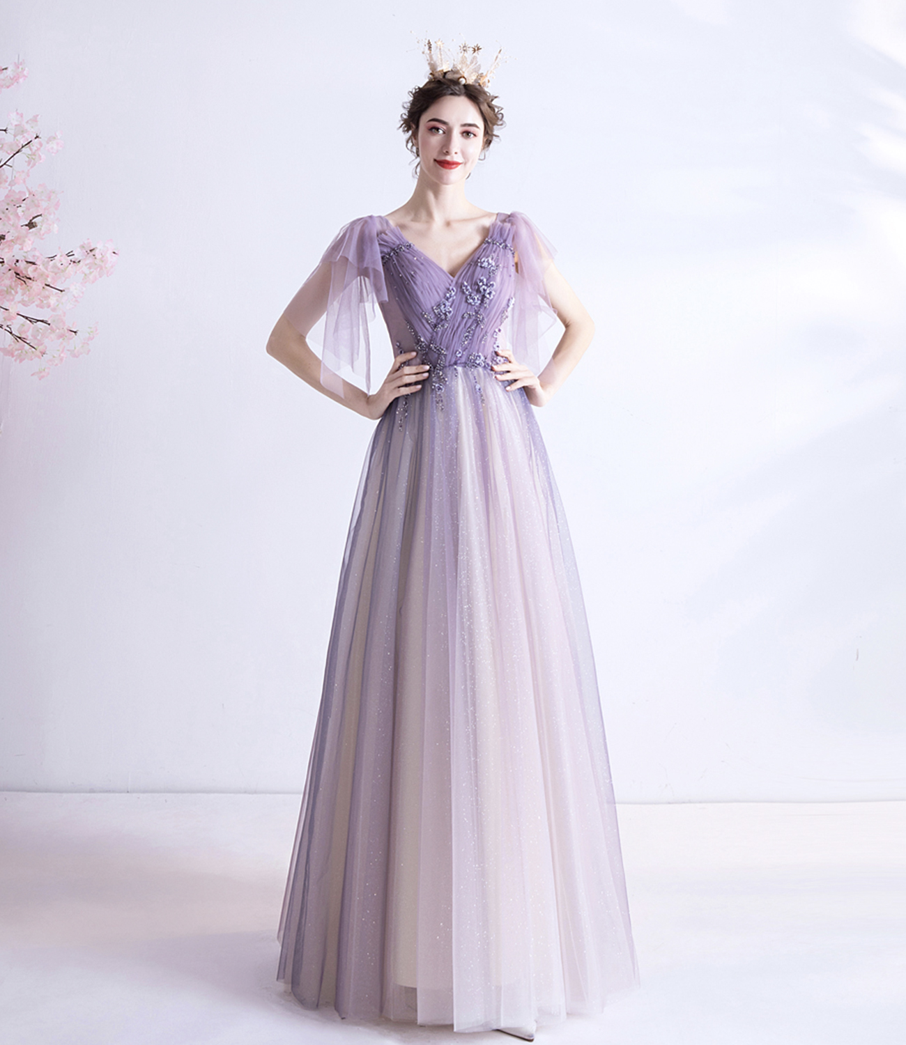 Purple v neck tulle long prom dress A line evening gown