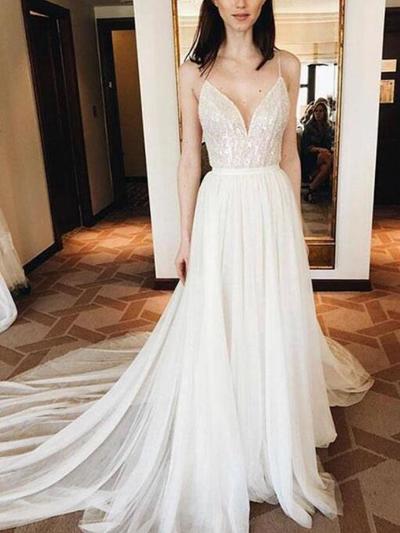 Spaghetti Straps A-Line V Neck Wedding Dresses