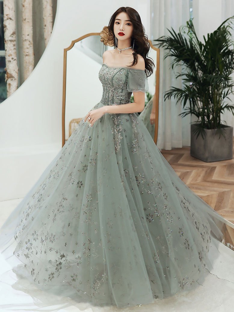 Gray tulle sequins long prom dress A line evening gown