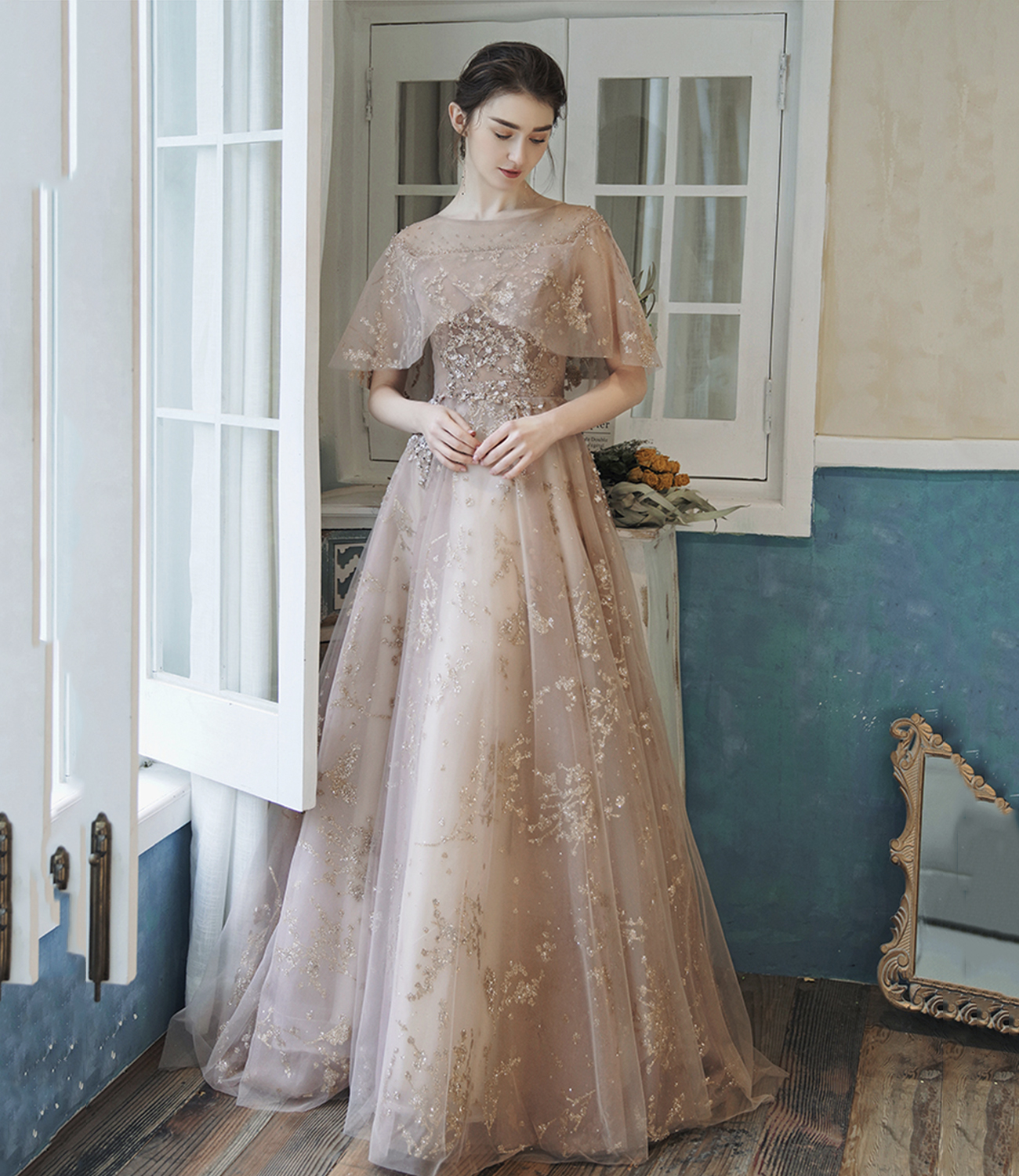 Shiny tulle sequins long prom dress A line evening gown