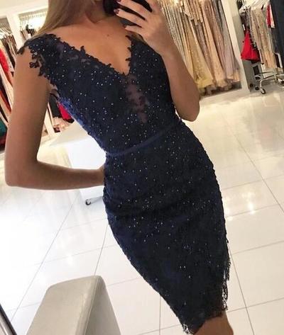 Navy Blue V Neck Short Lace Prom Dress,Homecoming Dress