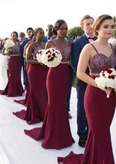 Mermaid Burgundy Lace Top Long Bridesmaid Dresses