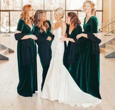 A Line Dark Green Velvet Long Bridesmaid Dresses with Short Sleeves