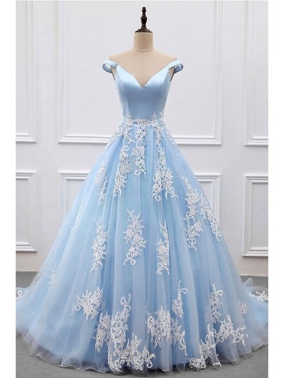 Gorgeous Light Blue Off The Shoulder Ball Gown Prom Dress,Wedding Dress,Formal Gown With Lace Appliques,1020
