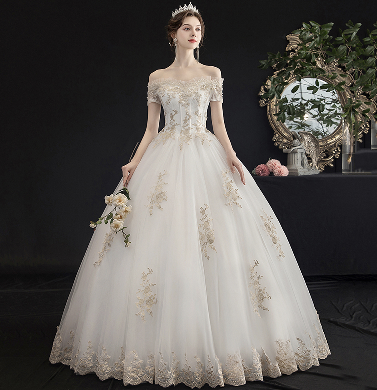 White tulle lace long ball gown dress formal dress