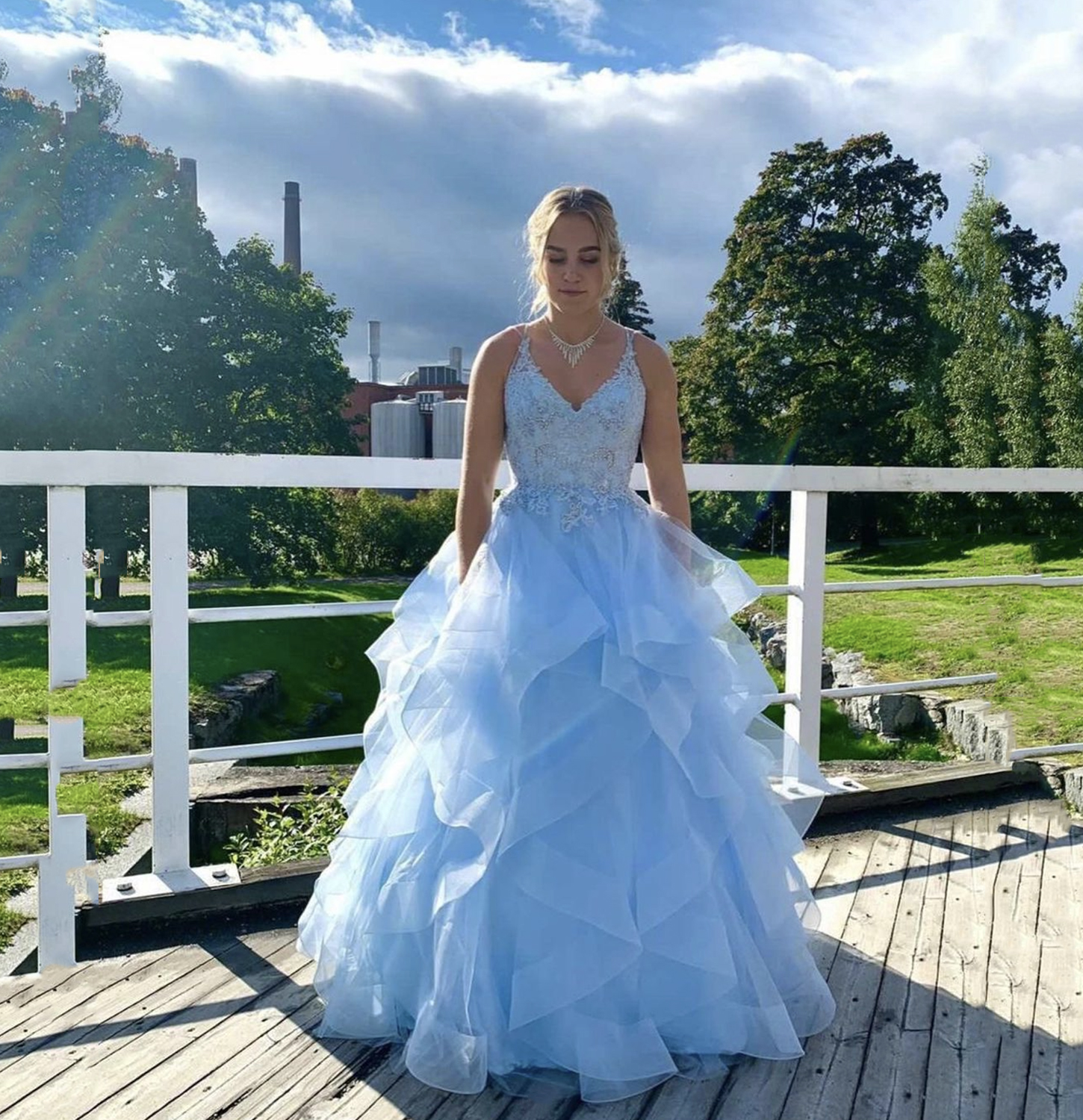 Blue tulle lace long prom gown A line evening gown