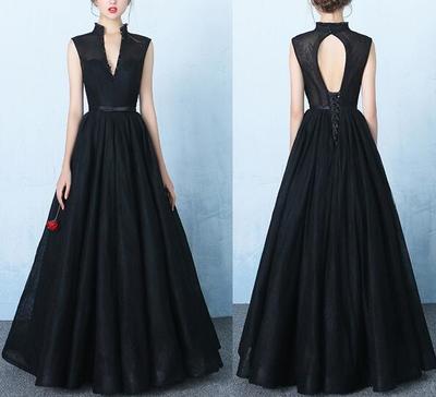 A line Lace V Neck Backless Ball Gown Prom Dress
