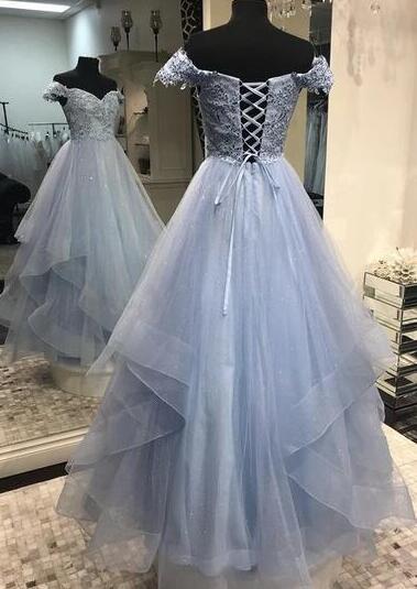 Off The Shoulder Long Tulle Prom Dress With Lace
