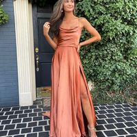 Cute A Line Cowl Neck Spaghetti Straps Orange Satin Long Prom Dresses with Split - Thumbnail 1