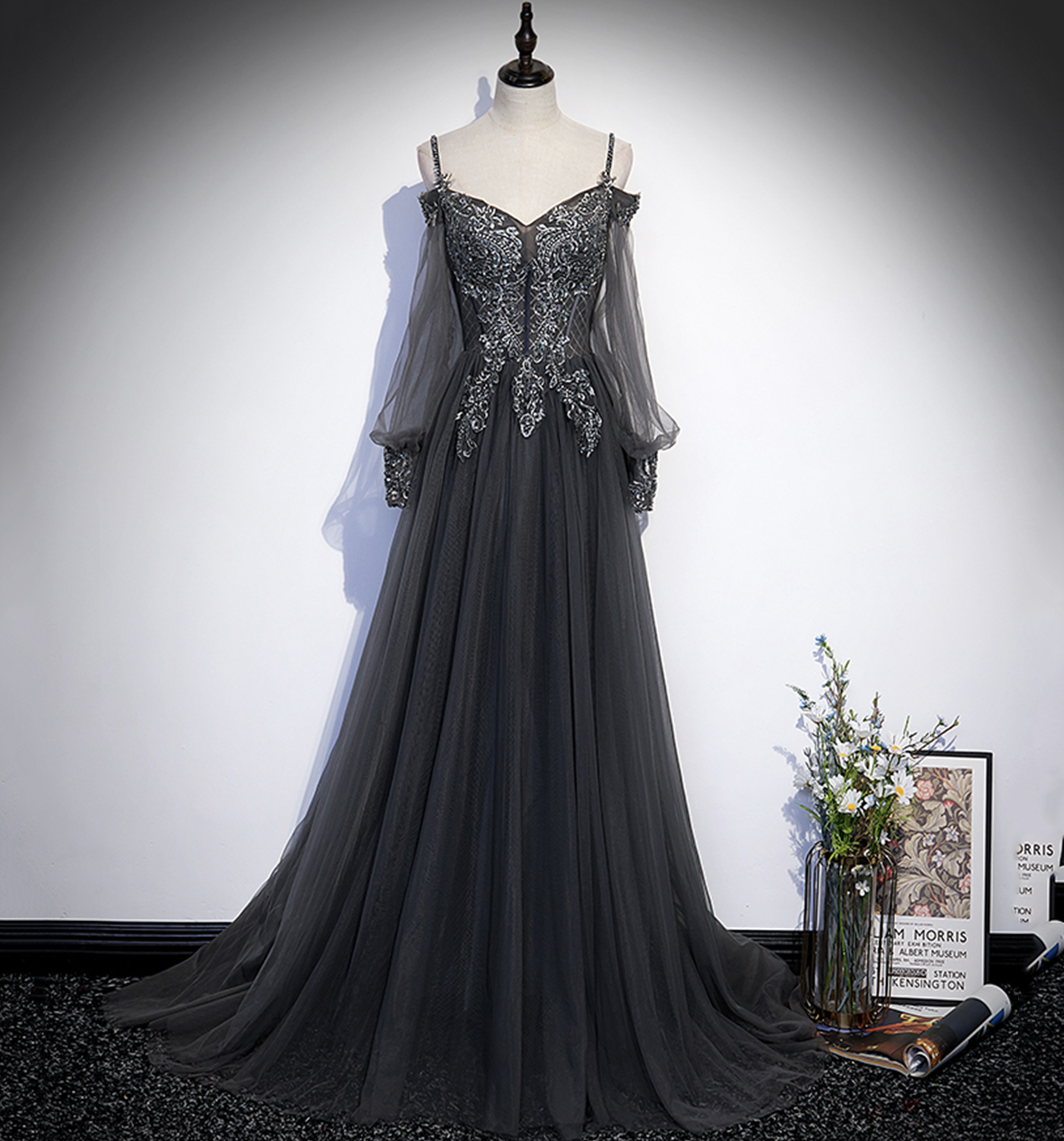 Gray tulle lace long prom dress A line evening dress