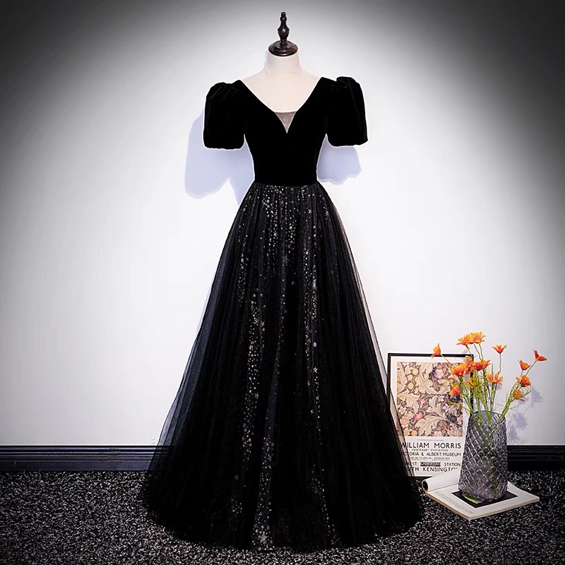 Black velvet tulle long prom dress A line evening gown