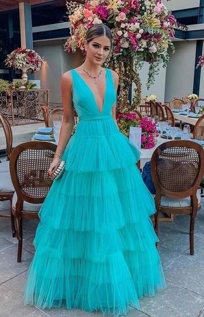 A Line Lake Blue V Neck Cake Evening Dresses