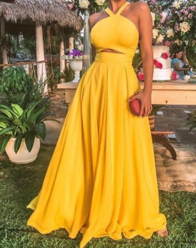 Fairy A-Line Halter Open Back Yellow Chiffon Long Prom Dresses,Evening Party Dresses,647