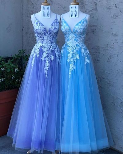 Glamorous A Line Spaghetti Straps Blue Long Prom/Evening Dress Appliques,649