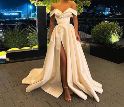 Gorgeous A Line Off the Shoulder White Long Prom/Wedding Dress with Split Front,650