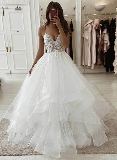 Ball Gown V Neck Spaghetti Straps White Tulle Lace Wedding Dresses,660