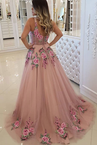 V Neck Light Fuchsia Prom Dresses with Appliques Flowers,1213
