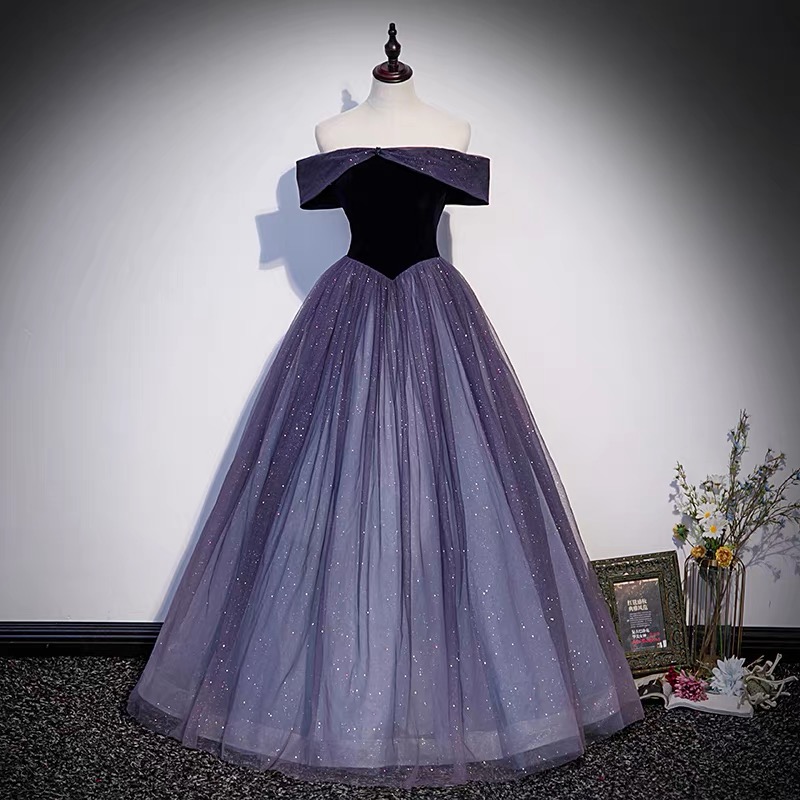 Purple tulle long prom dress A line evening gown
