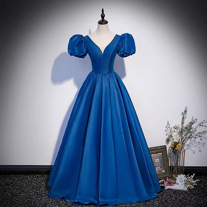 Blue saitn long prom dress A line evening gown
