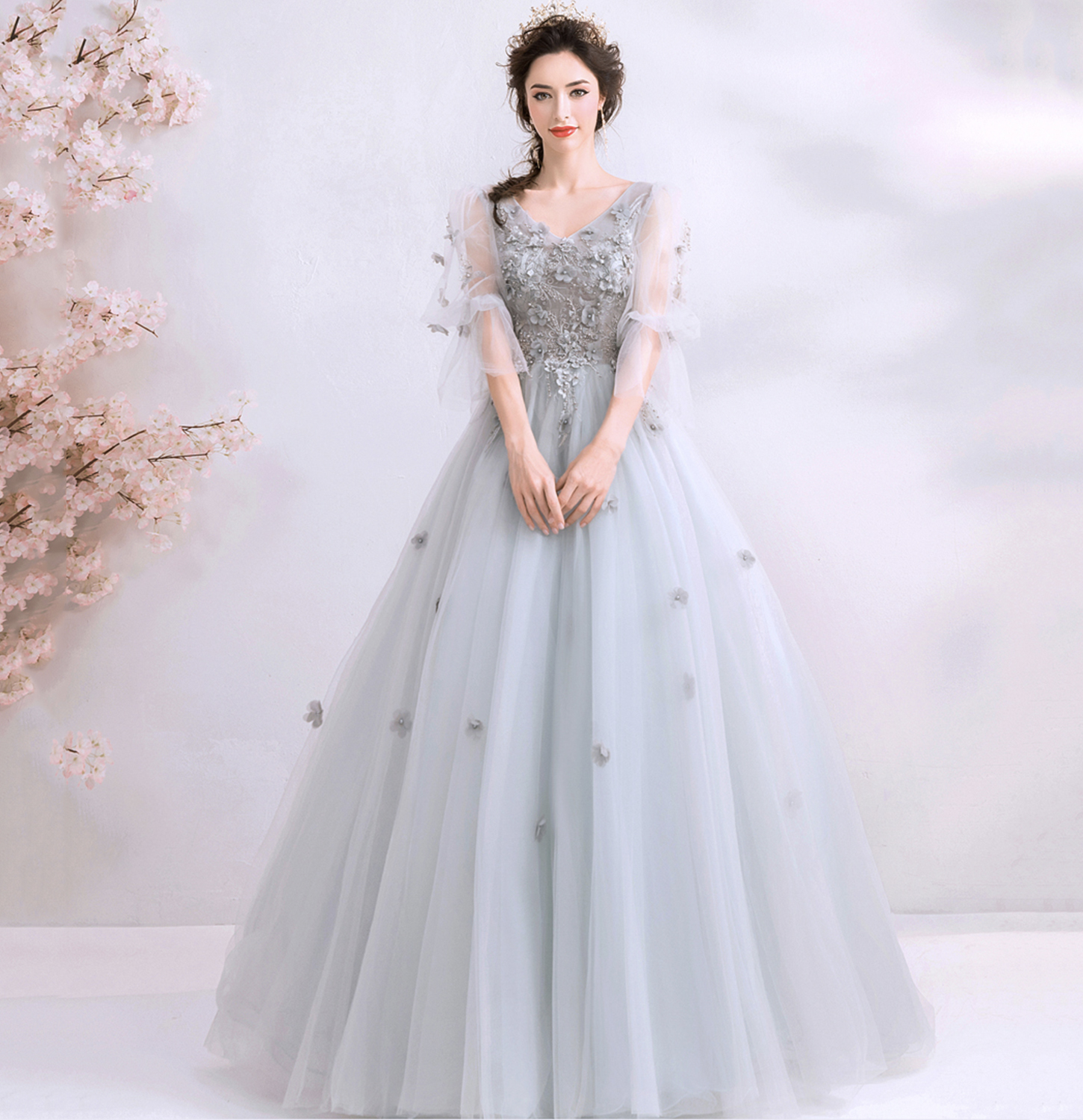 Gray tulle applique long prom dress evening gown
