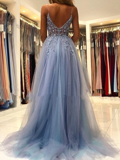 SP1928,Luxury beaded tulle prom dress,v-neck spaghetti straps evening dress with side slit