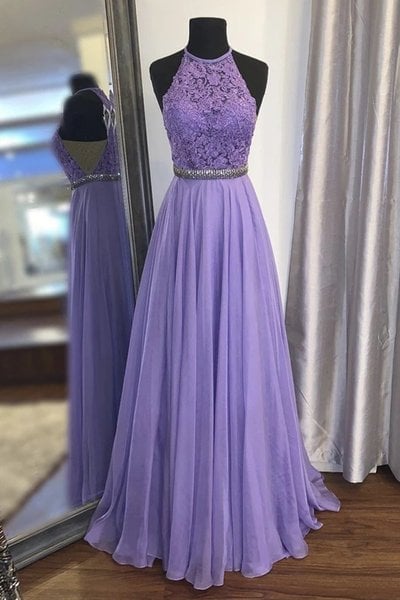 SP1934,Halter purple lace prom dresses,chiffon sheath full length evening long dress