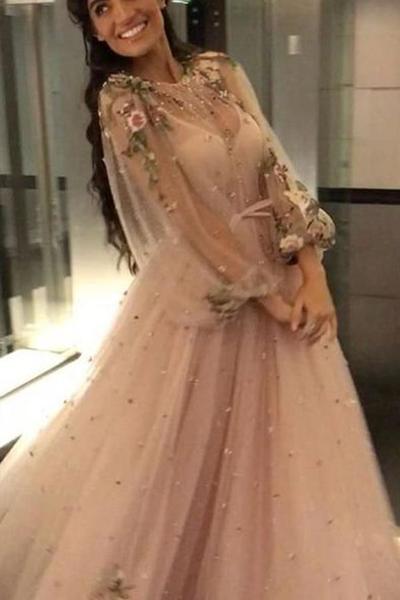 SP1941,Elegant Pearl Pink Long Sleeves Prom Dresses With Appliques Beaded