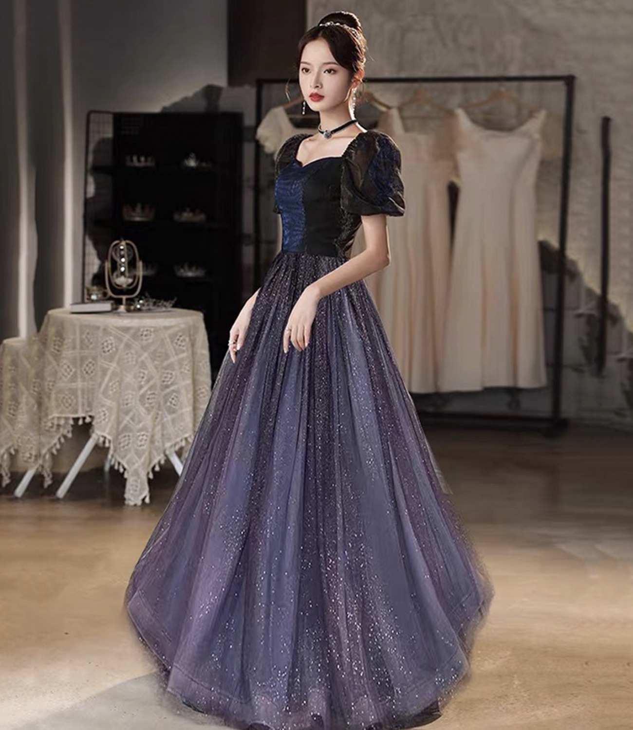 Cute tulle long A line prom dress evening gown