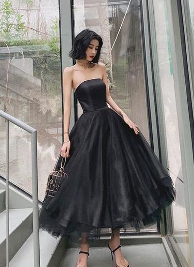 Charming Strapless Black Satin Tea Length Prom Dress With Pockets