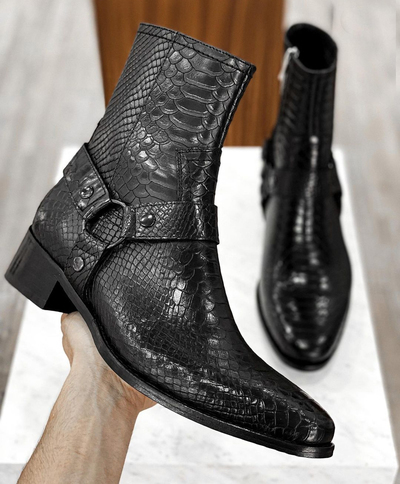 Men's Black Python Leather shoes, Buckle Boots Ankle Boots