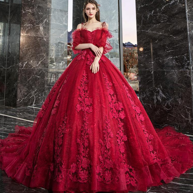 Burgundy lace long ball gown dress formal dress