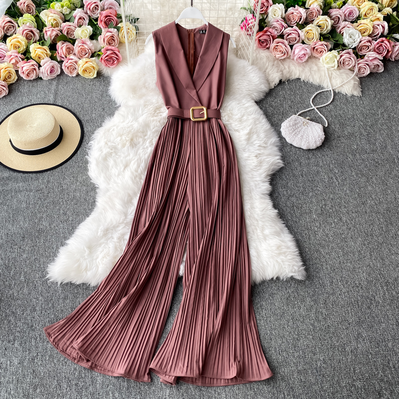 Fashion V-neck jumpsuit wide-leg pants