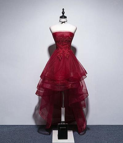 High Low Burgundy tulle lace prom dress, evening dress