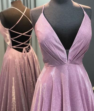 Simple A line v neck prom dress pink evening dress