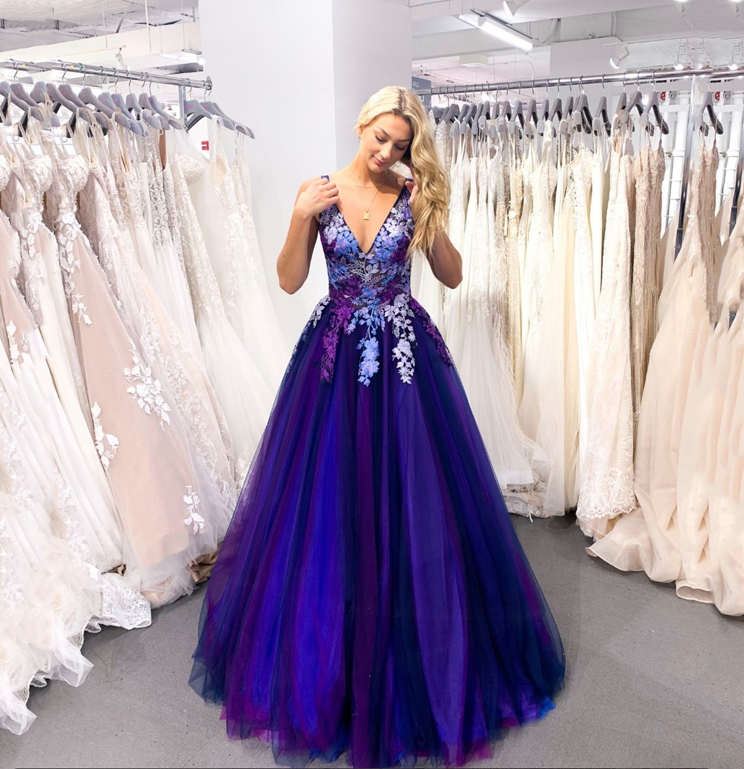 Stylish tulle lace long prom dress A line evening gown